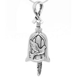 Handcrafted in Sterling Silver, the dove of peace appears on this side of the Survivors Bell Pendant. A ribbon forms the bail and a feather the clapper of this unique silver bell.