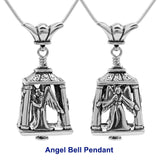 Handcrafted in Sterling Silver, the Angel Bell Pendant is adorned with angels on all four sides, two with open arms and two with their hands clasped in prayer.