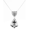 This Pendant has a shield with a bold cross cut-out on the front, representing the armor and protection of God. Handcrafted in sterling silver, this bell features the excerpt from Isaiah 41:10, “Know I am with You” on the reverse.