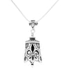 Handcrafted in Sterling Silver, the Fleur de Lis Bell Pendant is adorned with a bold Fleur de Lis design, accentuated by cutouts around the entire bell and the clapper is shaped like a finial.