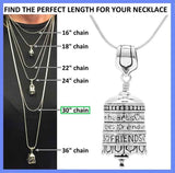 The Friend Bell necklace gift set comes with a 30 inch sterling silver necklace chain and silver polishing cloth.