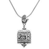 Handcrafted in Sterling Silver, the phrase “Quilt With Love” is on one side of the bell necklace with a sewing machine on the other, the bail is a hand with a heart, and the clapper is a quilt patch.