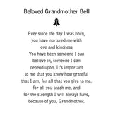 The Beloved Grandma Bell Pendant will be carefully packed in a black gift box, with the gift card in the lid. A silver elastic bow closes the box.