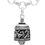 Handcrafted in Sterling Silver, the Christmas Spirit Charm Bell is adorned with a Christmas Tree, Holly, Christmas Stockings, Handbells, and Candy Canes, an Angel is suspended from the clapper.