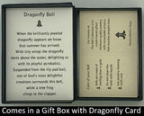 The Gold Dragonfly Bell Pendant will be carefully packed in a black gift box, with the story card in the lid. A silver elastic bow closes the box.