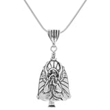 Handcrafted in Sterling Silver, the Praying Angel Bell Pendant features an angel kneeling in prayer with her wings open behind her.