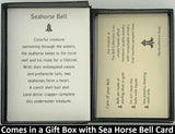 The Sea Horse Bell Pendant will be carefully packed in a black gift box, with the gift card in the lid. A silver elastic bow closes the box.