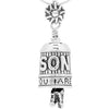 This sterling silver Son Bell Pendant says "SON" in bold letters and around the rim it says, "You Are Loved". The clapper is a pair of tennis shoes, and the bail is a sun.
