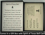 The Spirit of Texas Bell Pendant will be carefully packed in a black gift box, with the gift card in the lid. A silver elastic bow closes the box.