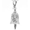 Handcrafted in Sterling Silver, a sunrise is depicted on this side of the Survivors Bell Pendant. A ribbon forms the bail and a feather the clapper of this unique silver bell.