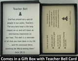 The Teacher Bell Pendant will be carefully packed in a black gift box, with the gift card in the lid. A silver elastic bow closes the box.