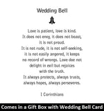 The Wedding Bell Pendant will be carefully packed in a black gift box, with the story card in the lid. A silver elastic bow closes the box.