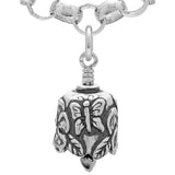 Handcrafted in Sterling Silver, the Alzheimer’s Bell Charm bell has Forget Me Not flowers with butterflies around the bell body and a heart for the clapper.