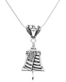 Handcrafted in Sterling Silver, the Patriot Bell Pendant is made to look like the Liberty Bell in Philadelphia. On the side opposite the famous crack there is a rippling American flag. The bail is the American eagle and the clapper is a ribbon.