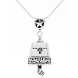 Handcrafted in Sterling Silver, the sterling silver Spirit of Texas Bell Pendant is shaped like a cow bell with a longhorn on one side and the state of Texas on the other side. The bail is the Lone Star and a cactus hangs from the clapper.