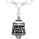Handcrafted in Sterling Silver, the Christmas Spirit Charm Bell is adorned with a Christmas Tree, Holly, Christmas Stockings, Handbells, and Candy Canes, an Angel is suspended from the clapper.
