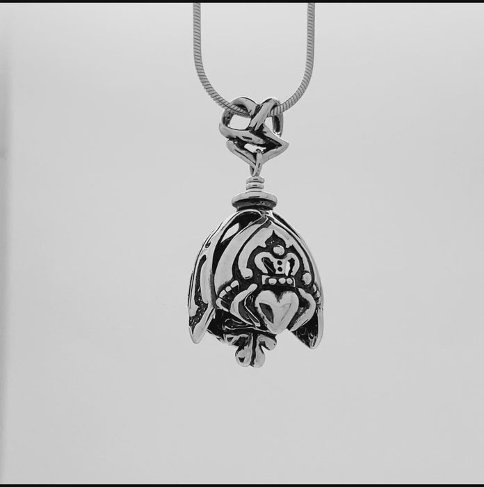 In this video you can see our handcrafted sterling silver Claddagh pendant,  the bell represents the famous Irish Folktale of Love, Loyalty, and Friendship.  Ideal for anyone who loves Celtic inspired jewelry. 