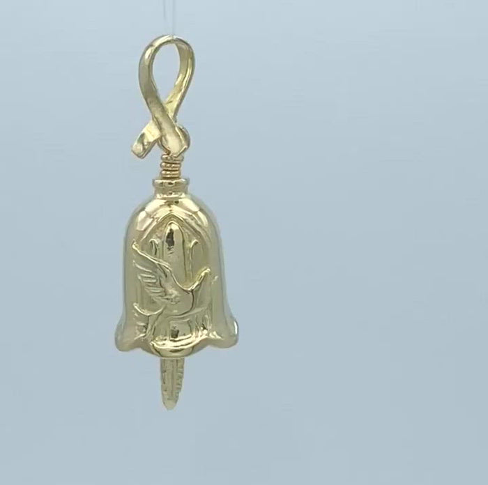Handcrafted in 10 or 14K, as you can see in this video, a sunrise is depicted on one side and the dove of peace appears on the other side of the Survivors Bell Pendant. A ribbon forms the bail and a feather the clapper of this unique gold bell. This pendant also comes with a unique gift card.