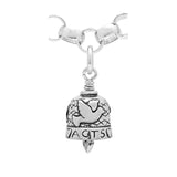 The ACTS charm bell is handcrafted in Sterling Silver with hearts and the word "ACTS" around the rim of the bell. The side of this bell is decorated with a dove. The clapper is shaped like a heart.
