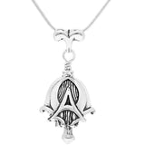 Handcrafted in Sterling Silver, the Alpha and Omega Bell Necklace has the symbols of the Alpha and the Omega intertwined on its sides and comes in the gift box with a gift card.