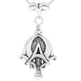 Handcrafted in Sterling Silver, the Alpha and Omega Bell Pendant has the symbols of the Alpha and the Omega intertwined on its sides and comes in the gift box with a gift card.