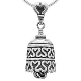 Handcrafted in Sterling Silver, this pendant is adorned with interlocking hearts around the bell body. The clapper is a infinity forever symbol. The bail is an open heart. Includes a gift card & black gift box.