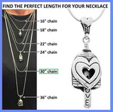 The Amore Bell necklace gift set comes with a 30 inch sterling silver necklace chain and silver polishing cloth.