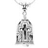 Handcrafted in Sterling Silver, the Bell of Christ Necklace depicts three crosses around the body of the bell, hearts are prominent to remind us of His eternal love.