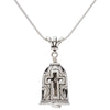 Handcrafted in Sterling Silver, the Bell of Christ Necklace depicts three crosses around the body of the bell, hearts are prominent to remind us of His eternal love.
