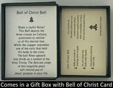 The Bell of Christ Charm Bell will be carefully packed in a black gift box, with the gift card in the lid. A silver elastic bow closes the box.