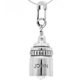 Handcrafted in Sterling Silver, the bell is shaped like a baby bottle, with a safety pin for the bail, and a baby rattle for the clapper. It comes with a name and date engraved on it's side.