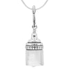 Handcrafted in Sterling Silver, the bell is shaped like a baby bottle, with a safety pin for the bail, and a baby rattle for the clapper. It comes with a name and date engraved on it's side.