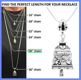 The Daughter Bell necklace gift set comes with a 30 inch sterling silver necklace chain and silver polishing cloth.
