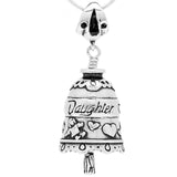Handcrafted in Sterling Silver, The Daughter Bell Necklace is decorated with hearts and icons representing a cell phone, makeup, book, car, and doll. The clapper of this bell is a make-up brush.