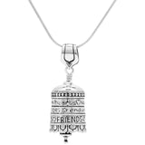 Handcrafted in Sterling Silver, this sterling silver Friend Bell Pendant is decorated with words like "warm hearts" and "enduring ties".