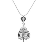 Handcrafted in Sterling Silver, the God Loves You Pendant has three sides, representing the Holy Trinity and three crosses to represent the three crosses of Calvary. The open hearts remind us of His love. The bell's clapper is a cross with a heart at its center. The bail is a heart with a cross at its center.