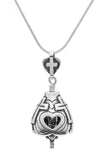 Handcrafted in sterling silver, the God Loves You Bell Necklace has three sides, representing the Holy Trinity and three crosses to represent the three crosses of Calvary. The open hearts remind us of His love. The clapper is a cross with a heart at its center. The bail is a heart with a cross at its center.