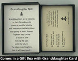 The Gold Granddaughter Charm Bell will be carefully packed in a black gift box, with the story card in the lid. A silver elastic bow closes the box.