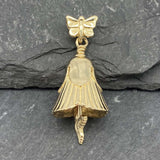 Handcrafted in 10 or 14K, the gold petals of the flower form the body of the bell, the bail is a butterfly fluttering above and a hummingbird hangs from the clapper.
