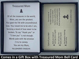 The Gold Treasured Mom Bell Pendant will be carefully packed in a black gift box, with the story card in the lid. A silver elastic bow closes the box.