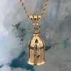 Handcrafted in 10 or 14K, the Gold Bell of Christ Pendant depicts three crosses around the body of the bell, hearts are prominent to remind us of His eternal love.