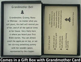 The Grandmother Bell Necklace Gift Set will be carefully packed in a black gift box, with the story card in the lid. A silver elastic bow closes the box.