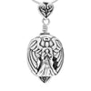 Handcrafted in Sterling Silver, this sterling silver Bell Necklace has a Guardian Angel with her wings spread on both sides of the bell. Both the bail and clapper are formed from a pair of angel wings in the shape of a heart.
