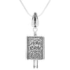 This sterling silver Bible Bell Pendant is carved in the shape of the Holy Bible with praying hands for a bail and a ribbon bookmark for a clapper.