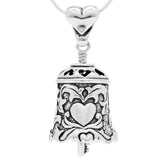 Handcrafted in Sterling Silver and featuring prominent hearts accented with a graceful scroll work design, the key to your heart hangs from the bell's clapper.