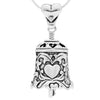 Handcrafted in Sterling Silver and featuring prominent hearts accented with a graceful scroll work design, the key to your heart hangs from the bell's clapper.