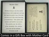 The Mother Bell Necklace Gift Set will be carefully packed in a black gift box, with the story card in the lid. A silver elastic bow closes the box.