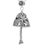 Handcrafted in sterling silver, the pendant's bell body looks like palm tree fronds. The palm tree's distinctive trunk hangs below, forming the bell's clapper and the pendant's bail is a crescent moon hanging above the palm tree.