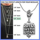 The Quilt With Love Bell necklace gift set comes with a 24 inch sterling silver necklace chain and silver polishing cloth.