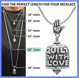 The Quilt With Love Bell necklace gift set comes with a 30 inch sterling silver necklace chain and silver polishing cloth.